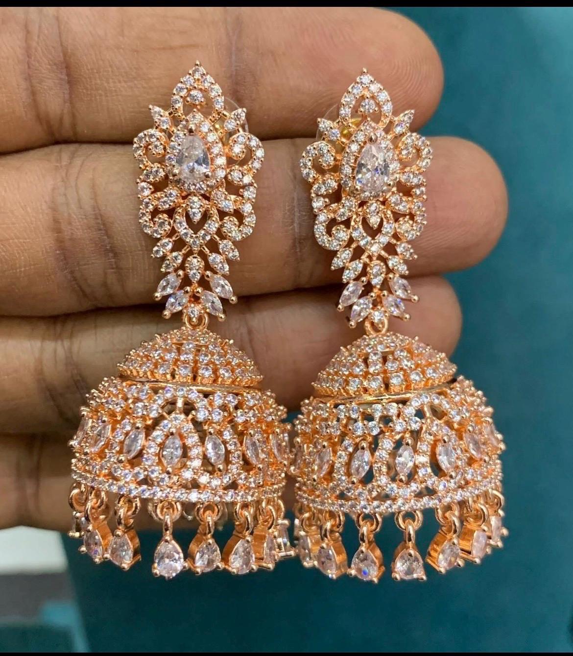 Rose Gold Clear Stone Teardrop Jhumka Earrings | Indian Bridal Wedding Jewelry