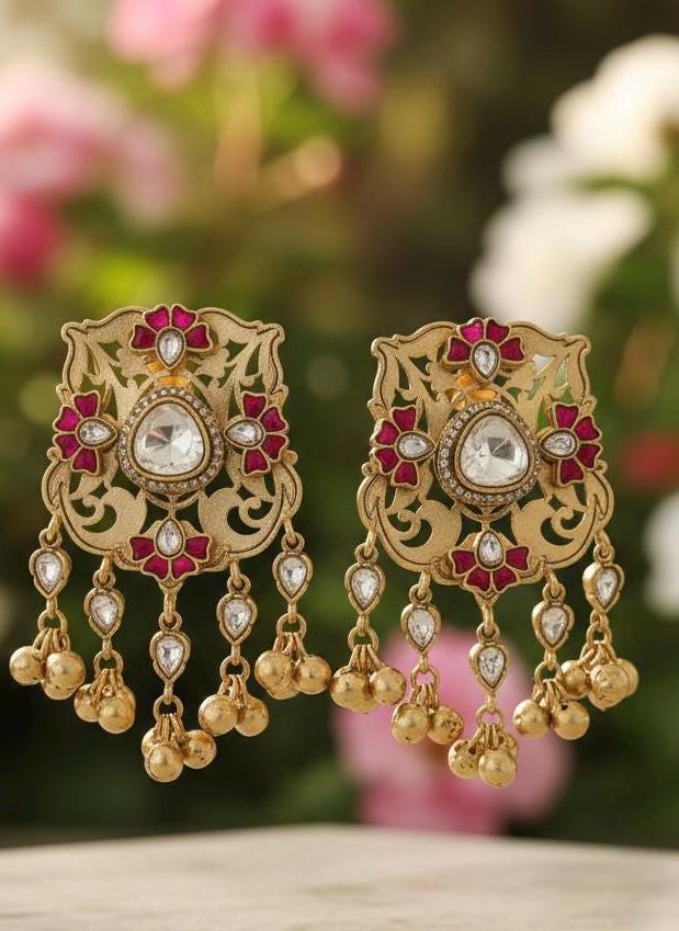 Gold Tone Kundan Polki Statement Earrings | Ruby Floral Filigree Chandbali Style
