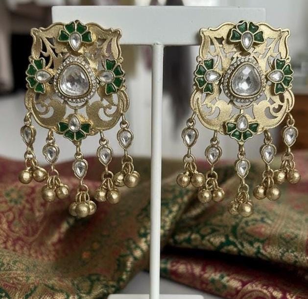 Gold Tone Kundan Polki Statement Earrings | Green Floral Filigree Chandbali Style