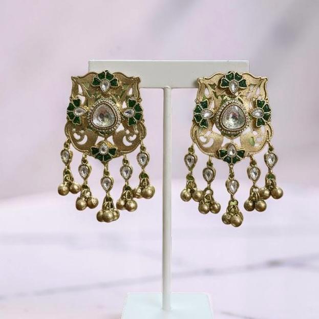 Gold Tone Kundan Polki Statement Earrings | Green Floral Filigree Chandbali Style