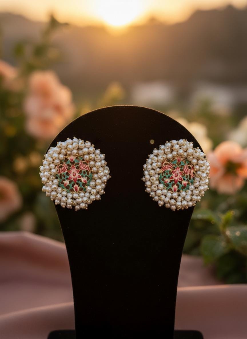 Handcrafted Pearl Floral Meenakari Stud Earrings | Round Statement Indian Festive Jewelry