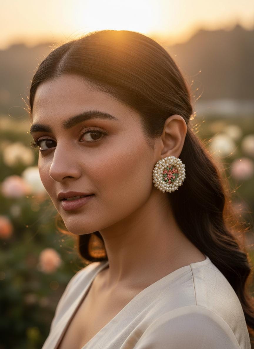 Handcrafted Pearl Floral Meenakari Stud Earrings | Round Statement Indian Festive Jewelry