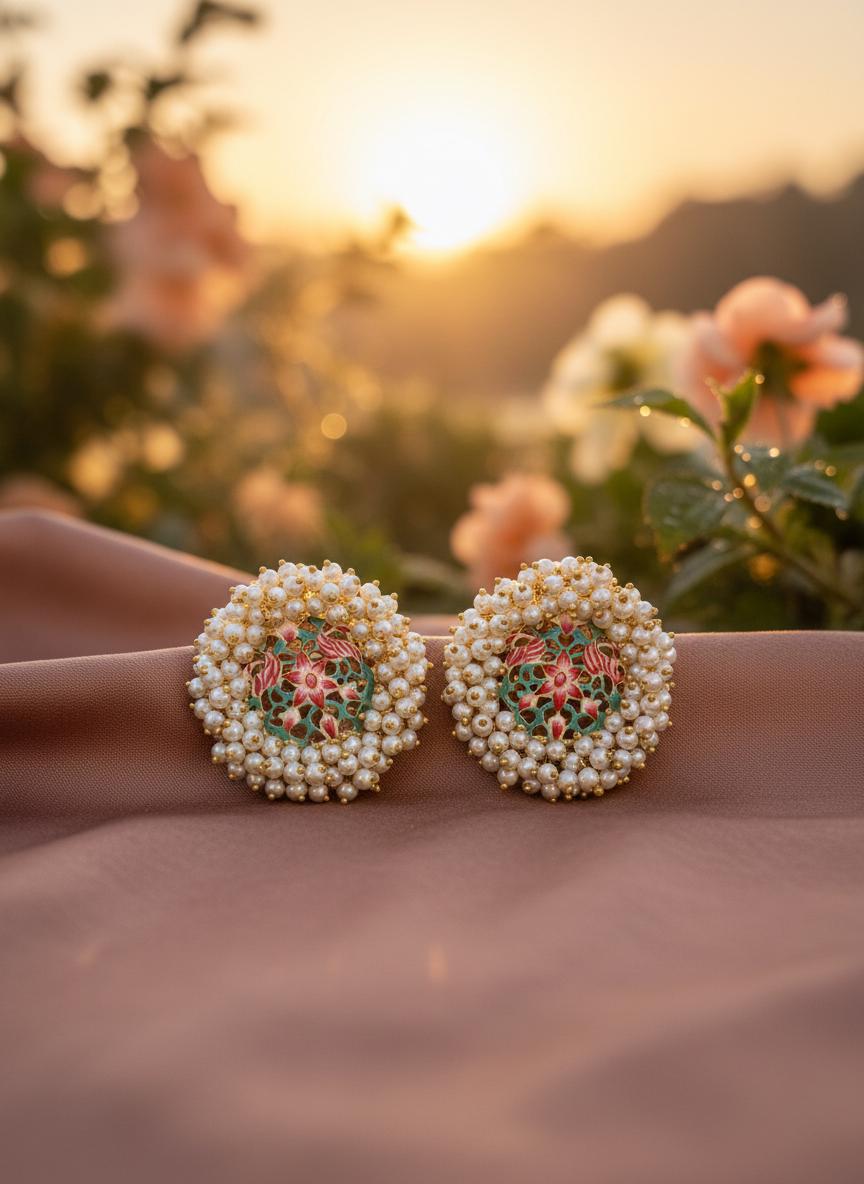 Handcrafted Pearl Floral Meenakari Stud Earrings | Round Statement Indian Festive Jewelry