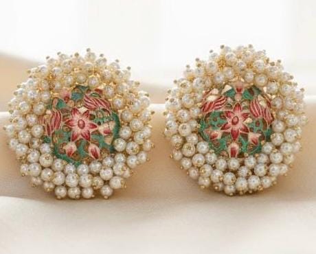 Handcrafted Pearl Floral Meenakari Stud Earrings | Round Statement Indian Festive Jewelry