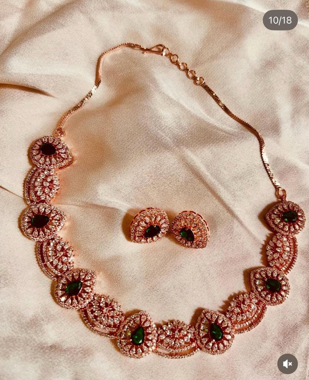 Emerald Green Bridal Necklace Set, Rose Gold CZ Indian Wedding Jewelry