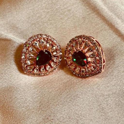 Emerald Green Bridal Necklace Set, Rose Gold CZ Indian Wedding Jewelry