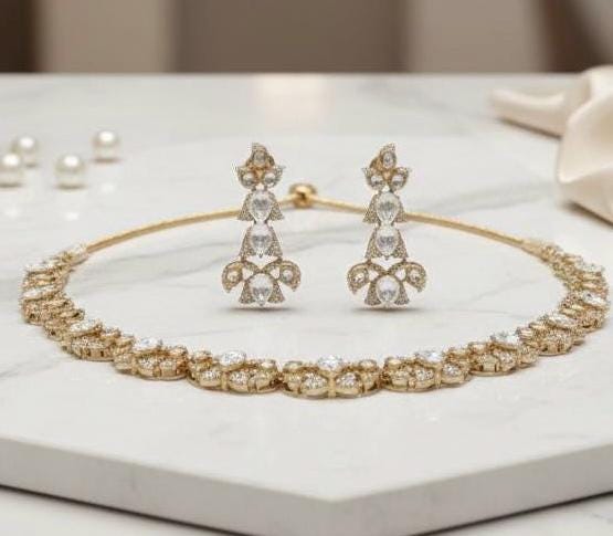 Gold Tone Crystal Necklace & Earrings set | Teadrop Statement Necklace | Bridal and Festive Jewelry