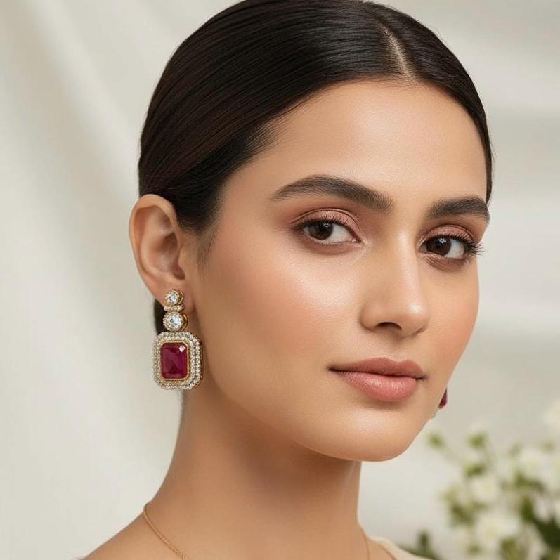 Ruby Red Onyx Drop Earrings, Gold Halo, Vintage Bridal Jewelry