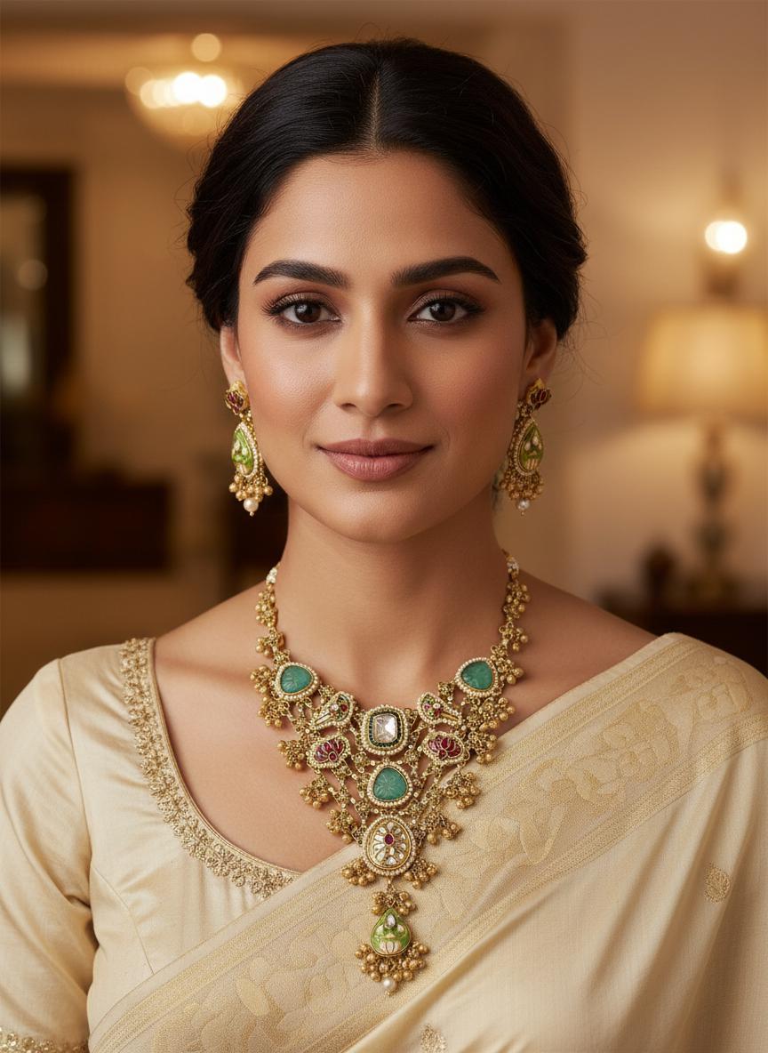 Kundan Bridal Necklace Set | Green and Red Stone Indian Wedding Jewelry | Amrapalli Inspired