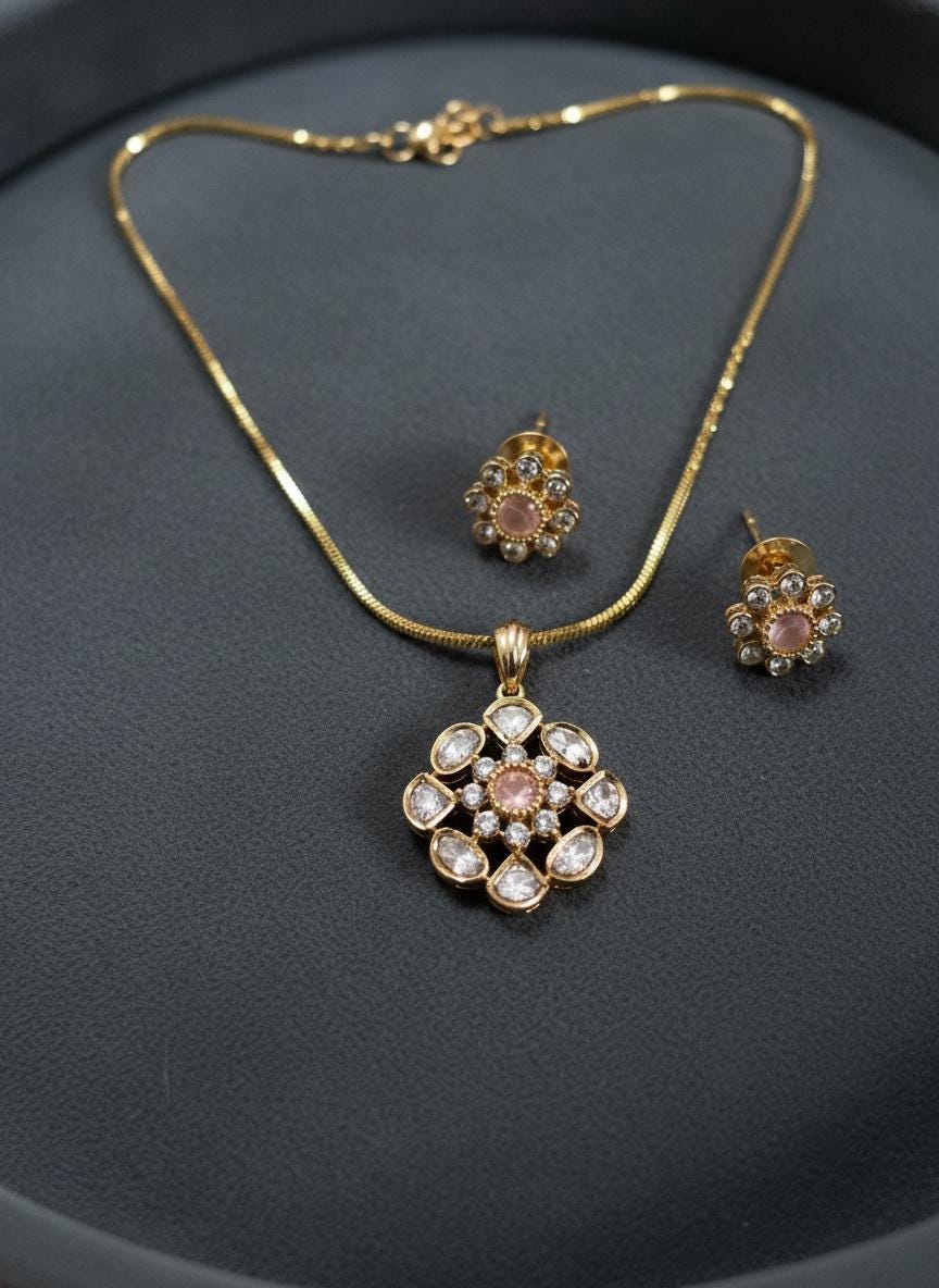 Gold Floral Pendant Necklace Set | Pastel Pink Polki Style Earrings