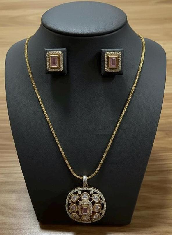 Gold Kundan Medallion Necklace Set | Pink Stone Earrings