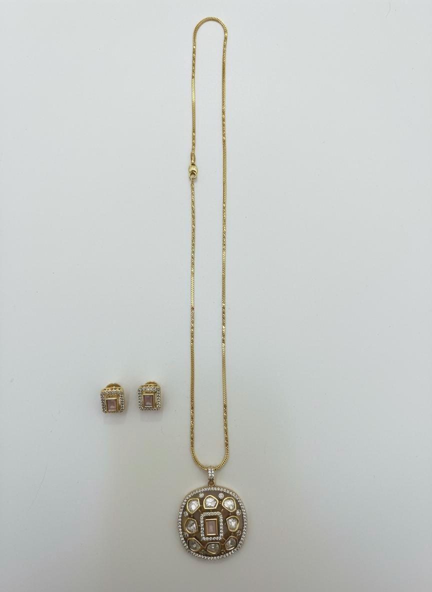 Gold Kundan Medallion Necklace Set | Pink Stone Earrings