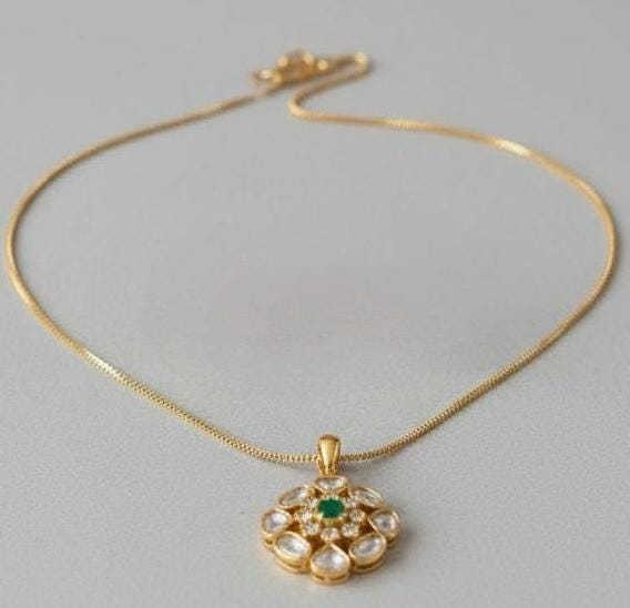 Gold Floral Pendant Necklace Set | Green Polki Style Earrings