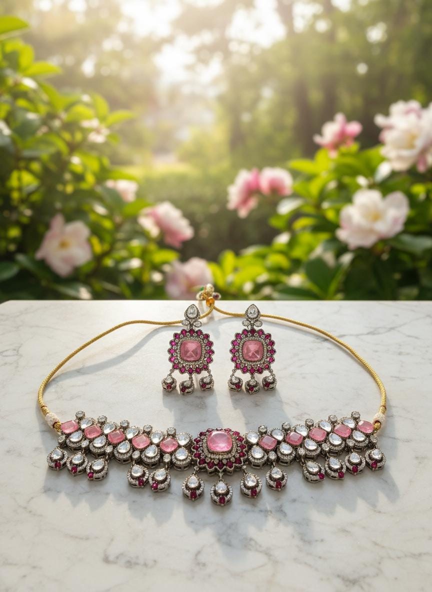Pink Kundan Choker Necklace Set, Indian Bridal Jewelry