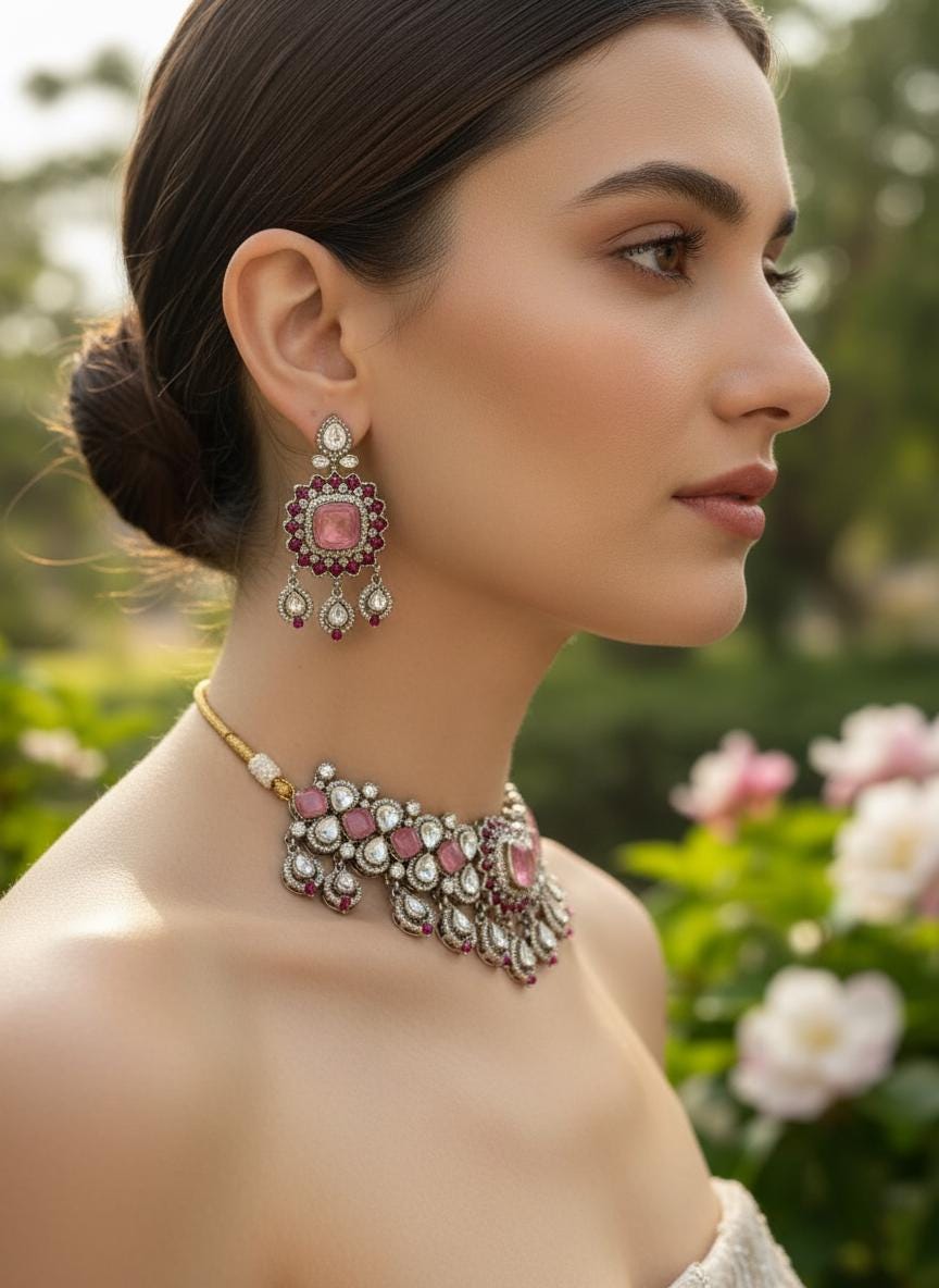 Pink Kundan Choker Necklace Set, Indian Bridal Jewelry