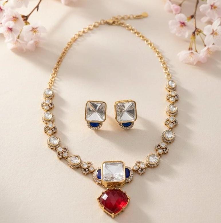 Kundan Necklace Set, Red Teardrop Pendant, Gold Tone Wedding Jewelry with Navy Blue Accents