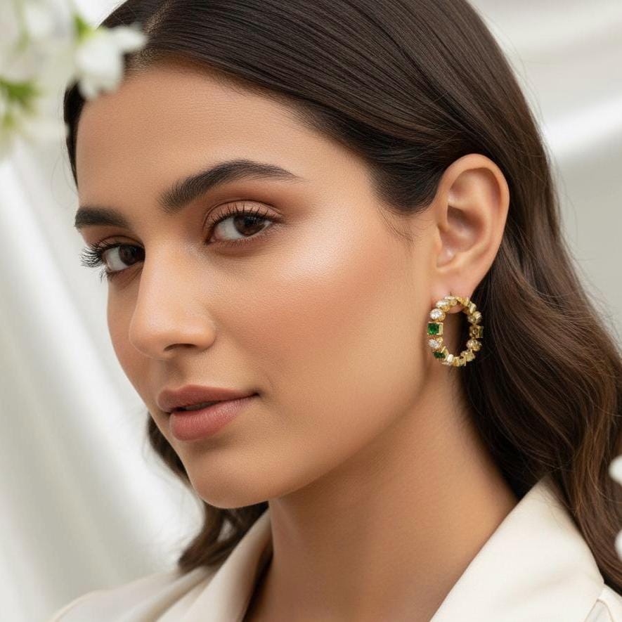 Emerald Green Crystal Gold Hoop Earrings | Statement Bridal Luxury Hoops