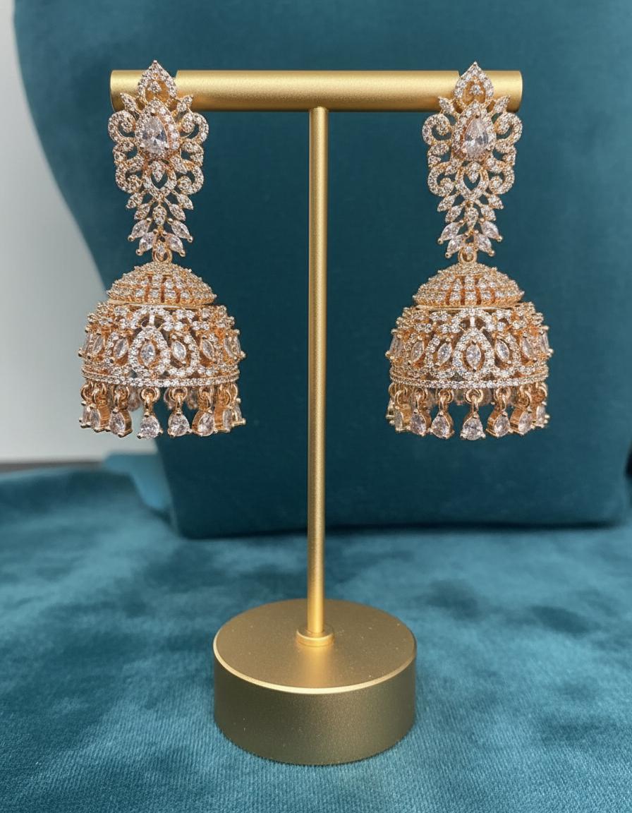 Rose Gold Clear Stone Teardrop Jhumka Earrings | Indian Bridal Wedding Jewelry