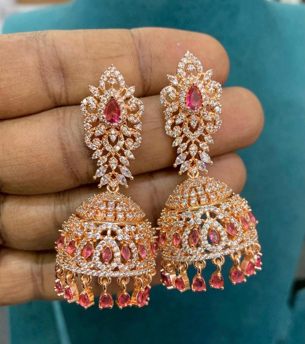 Rose Gold Dark Pink Teardrop Jhumka Earrings | Indian Bridal Wedding Jewelry