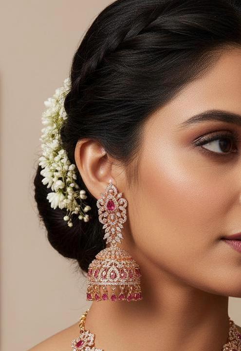 Rose Gold Dark Pink Teardrop Jhumka Earrings | Indian Bridal Wedding Jewelry