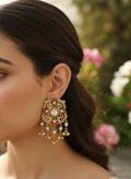 Gold Tone Kundan Polki Statement Earrings | Ruby Floral Filigree Chandbali Style