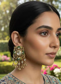 Gold Tone Kundan Polki Statement Earrings | Green Floral Filigree Chandbali Style