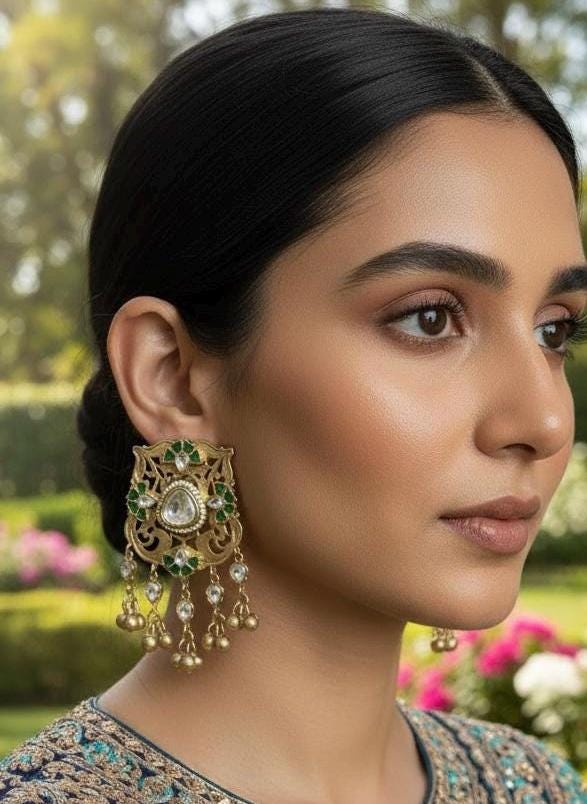 Gold Tone Kundan Polki Statement Earrings | Green Floral Filigree Chandbali Style