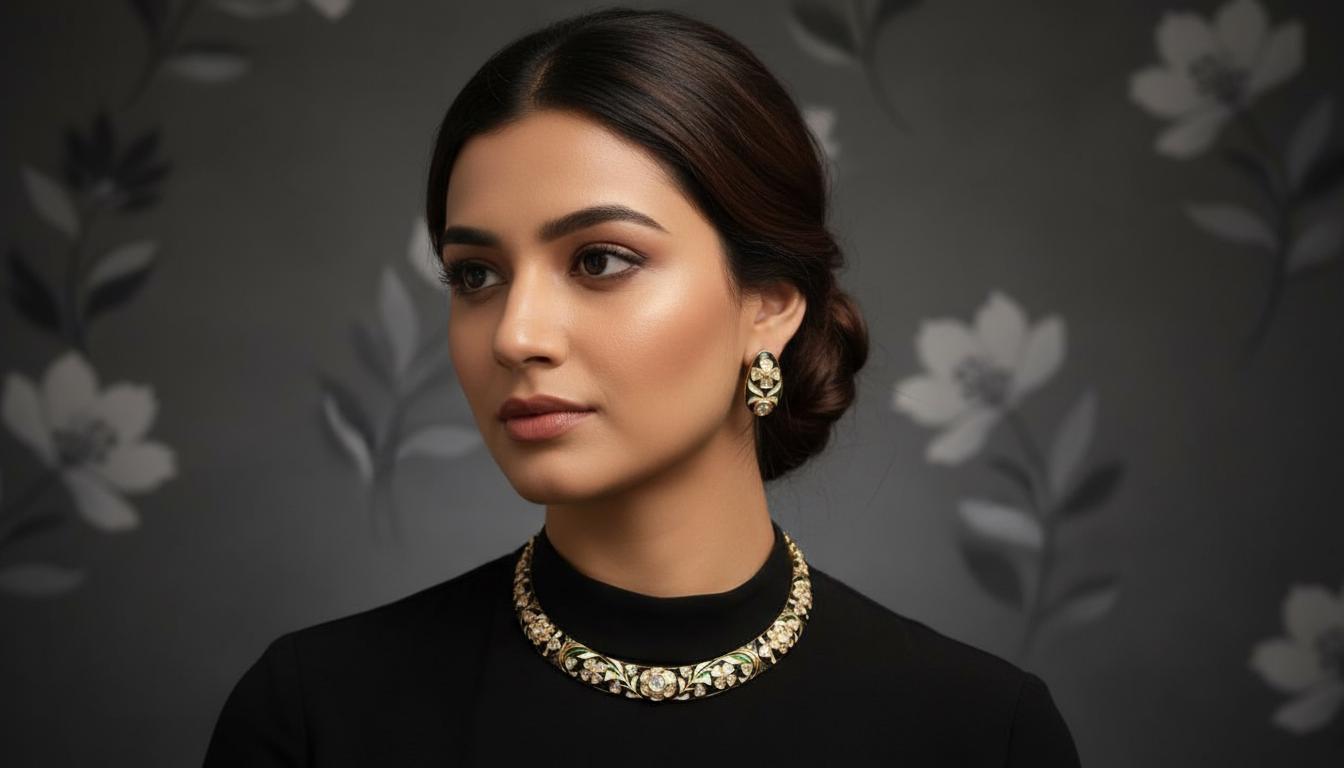 Floral Kundan Choker Hasli Set | Green Meena Indian Festive Necklace