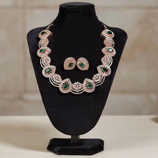 Emerald Green Bridal Necklace Set, Rose Gold CZ Indian Wedding Jewelry
