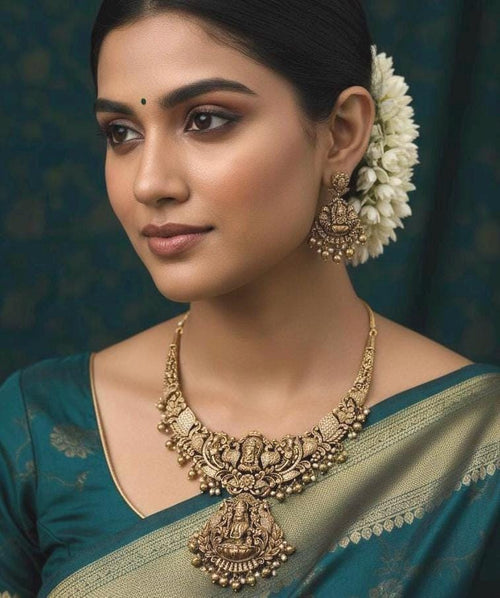 Antique Gold Temple Jewelry Set, Lakshmi Pendant, South Indian Bridal Necklace Earrings