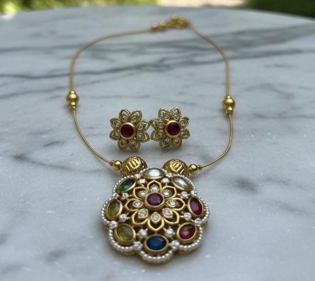 Invisible Navratna Floral Pendant Necklace Set with Stud Earrings | Indian Multicolor Jewelry