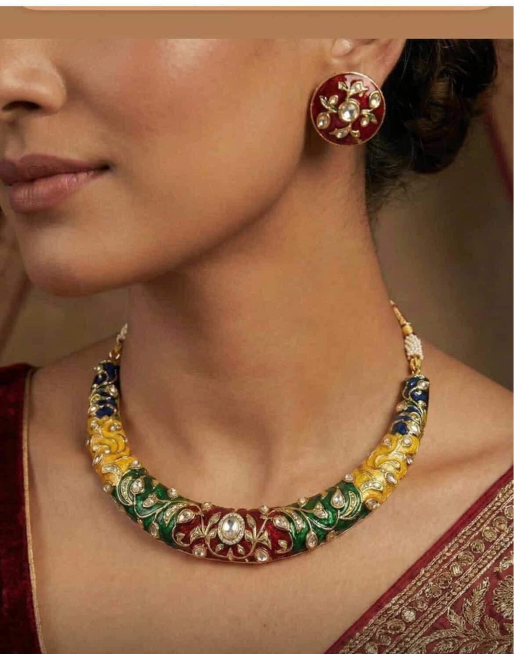 Handcrafted Red Enamel Kundan Floral Hasli Set with Stud Earrings | Traditional Indian Festive Jewelry