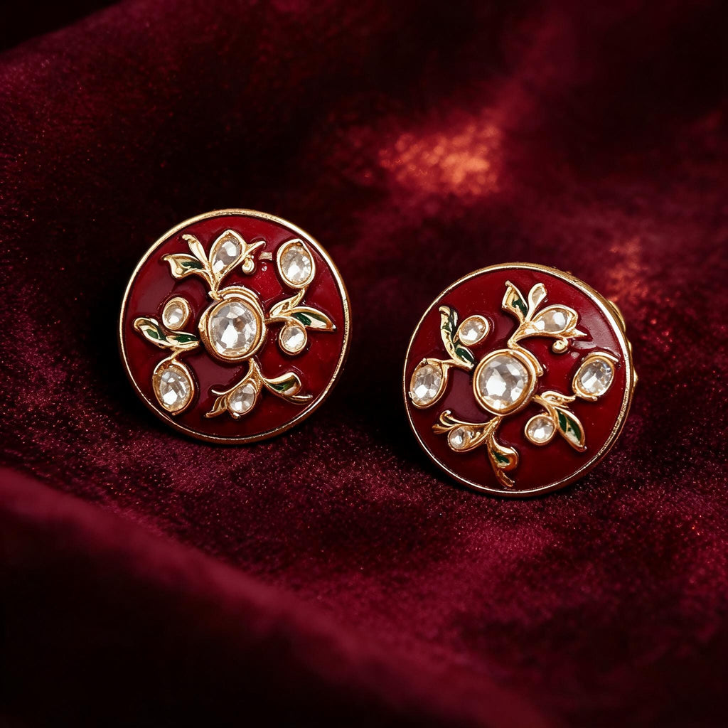 Handcrafted Red Enamel Kundan Floral Hasli Set with Stud Earrings | Traditional Indian Festive Jewelry
