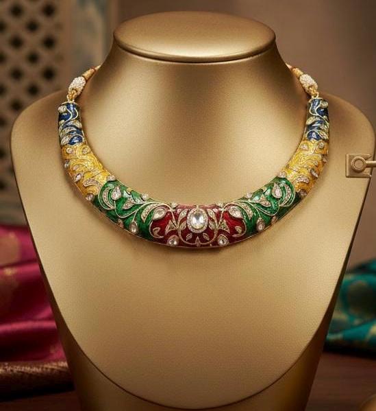 Handcrafted Red Enamel Kundan Floral Hasli Set with Stud Earrings | Traditional Indian Festive Jewelry