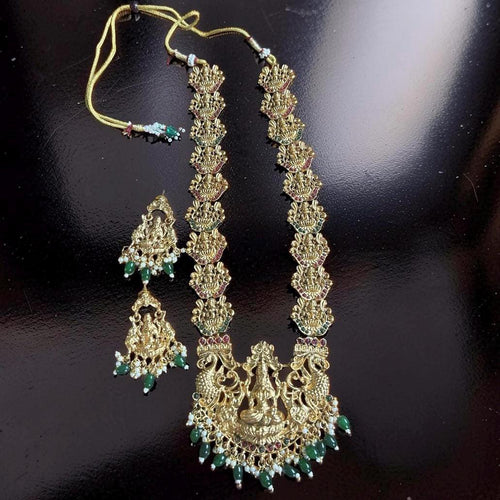 Antique Gold Lakshmi Necklace Set | Green Beads, Temple Jewelry, South Indian Hasli Bridal Necklace