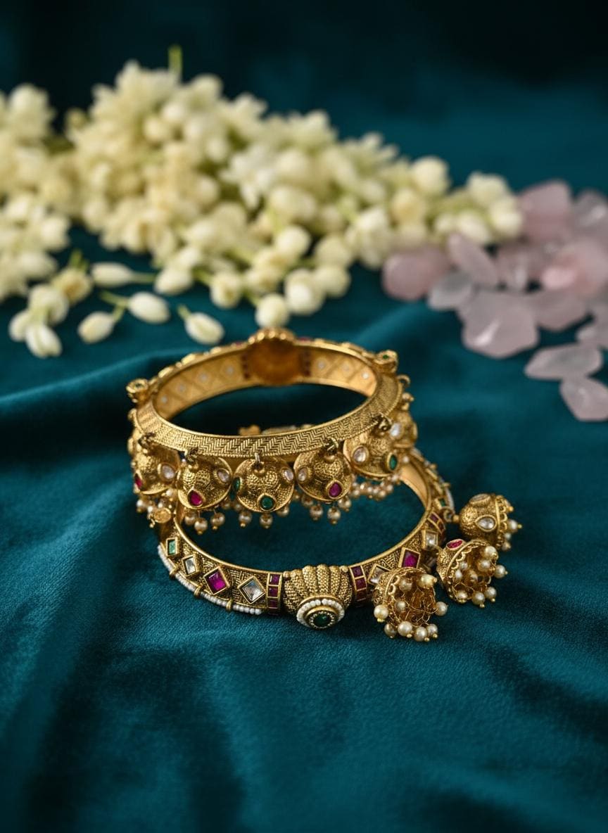 Traditional Jhumki Charm Kada Bangles | Antique Gold Indian Bridal Bangles | Kundan Style Ethnic Bangles| Set of 2