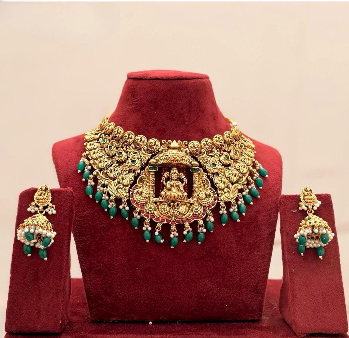 Temple Lakshmi Choker Necklace Set – South Indian Bridal Jewelry | Antique Gold Statement Necklace with Jhumka Earrings