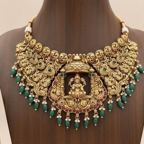 Temple Lakshmi Choker Necklace Set – South Indian Bridal Jewelry | Antique Gold Statement Necklace with Jhumka Earrings