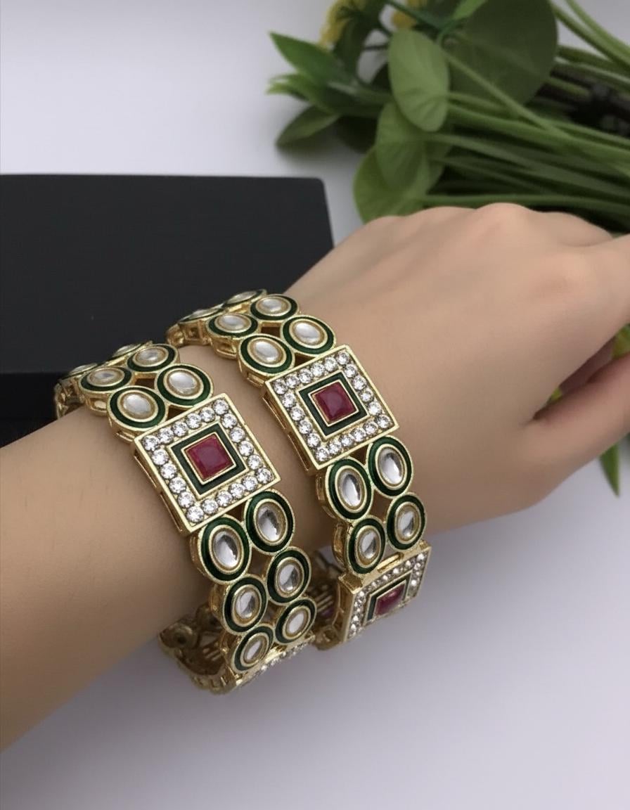 Handcrafted Kundan Kada Bangles Set – Green & Ruby Red Stone Bracelet Cuff – Traditional Indian Ethnic Jewelry | Size 2.4| Set of 2