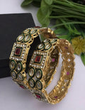 Handcrafted Kundan Kada Bangles Set – Green & Ruby Red Stone Bracelet Cuff – Traditional Indian Ethnic Jewelry | Size 2.4| Set of 2