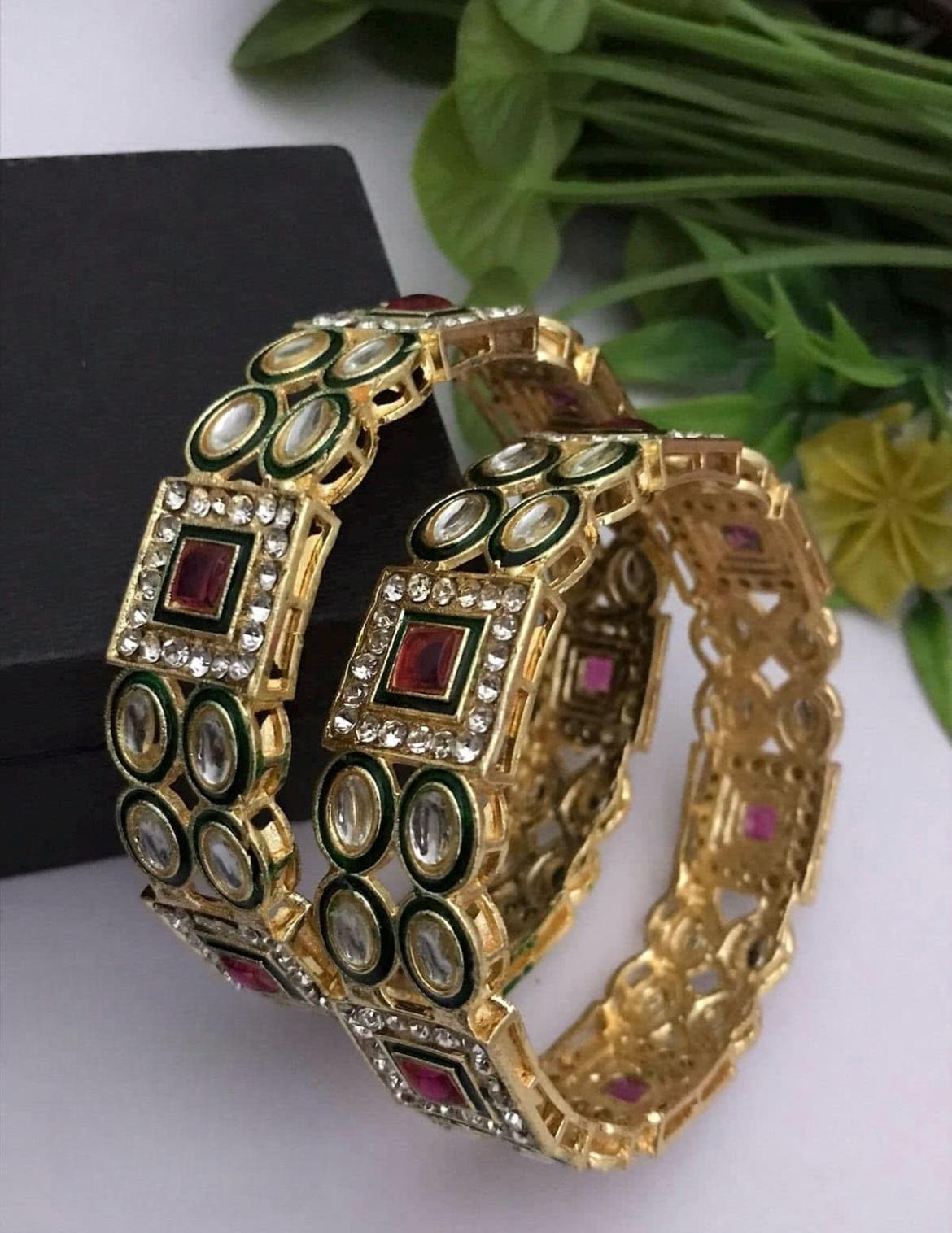 Handcrafted Kundan Kada Bangles Set – Green & Ruby Red Stone Bracelet Cuff – Traditional Indian Ethnic Jewelry | Size 2.4| Set of 2