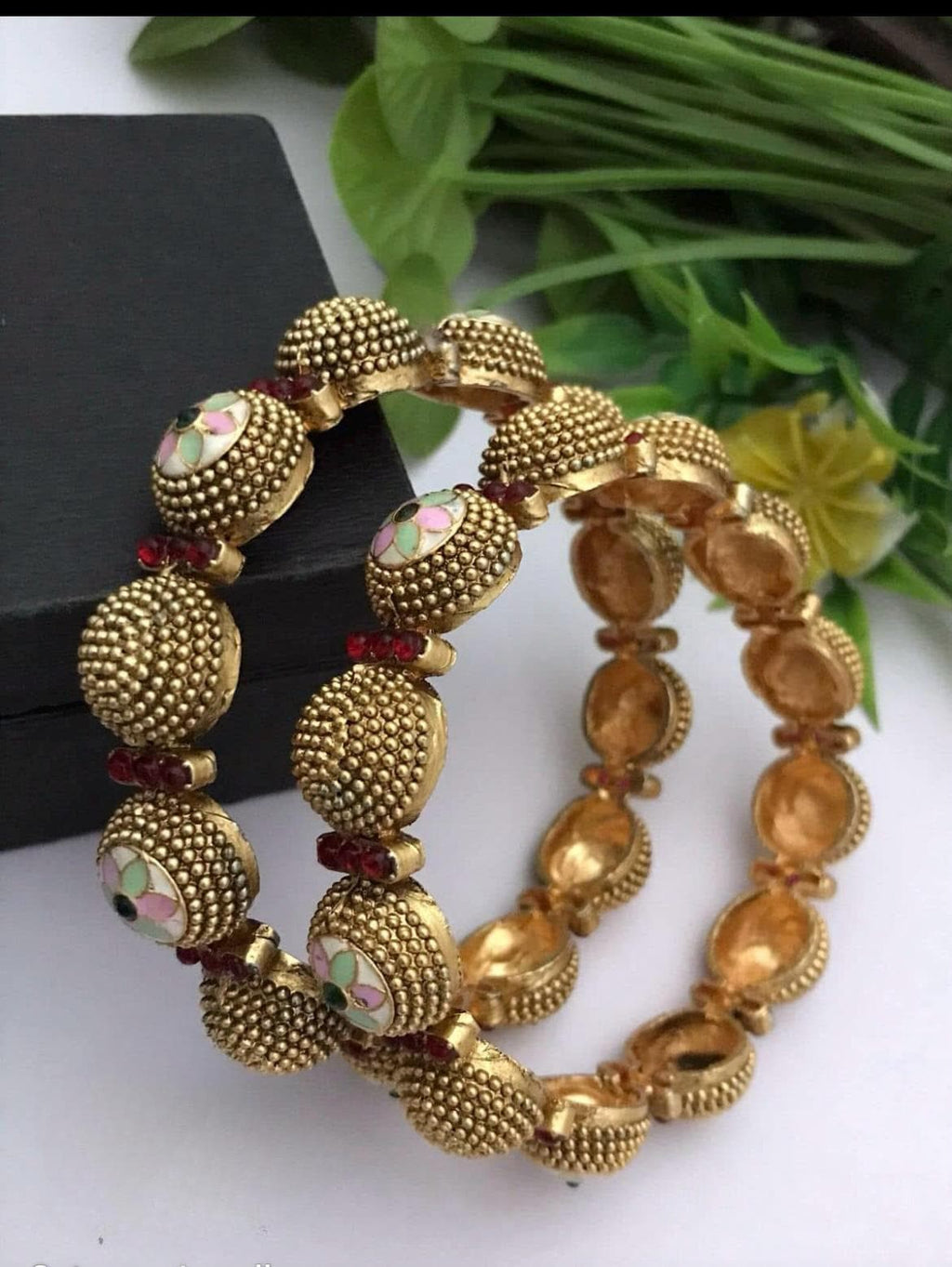 Traditional Antique Gold Tone Bangles |  Indian Bangles Set | Floral Meenakari Kada | Festive & Wedding Jewelry | Size 2.4 2.6 | Set of 2