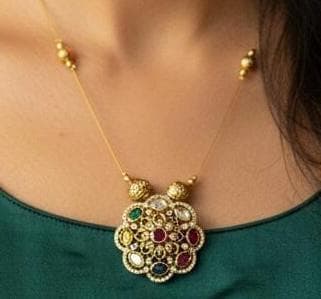 Invisible Navratna Floral Pendant Necklace Set with Stud Earrings | Indian Multicolor Jewelry