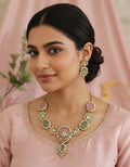 Pastel Kundan Bridal Necklace Set, Mint Pink Floral Indian Wedding Jewelry, Antique Gold Tone