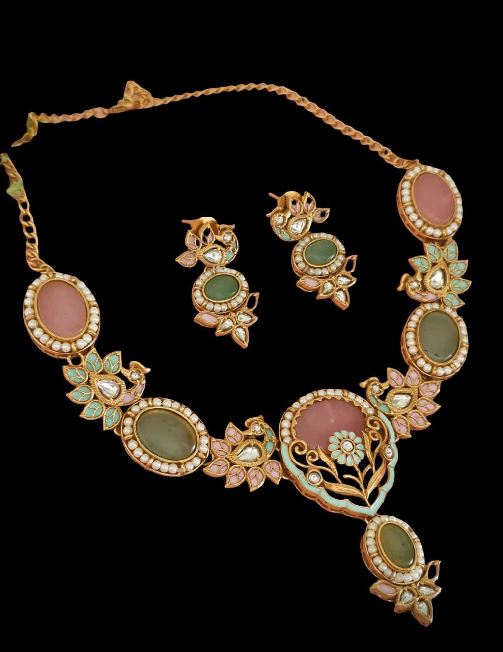 Pastel Kundan Bridal Necklace Set, Mint Pink Floral Indian Wedding Jewelry, Antique Gold Tone