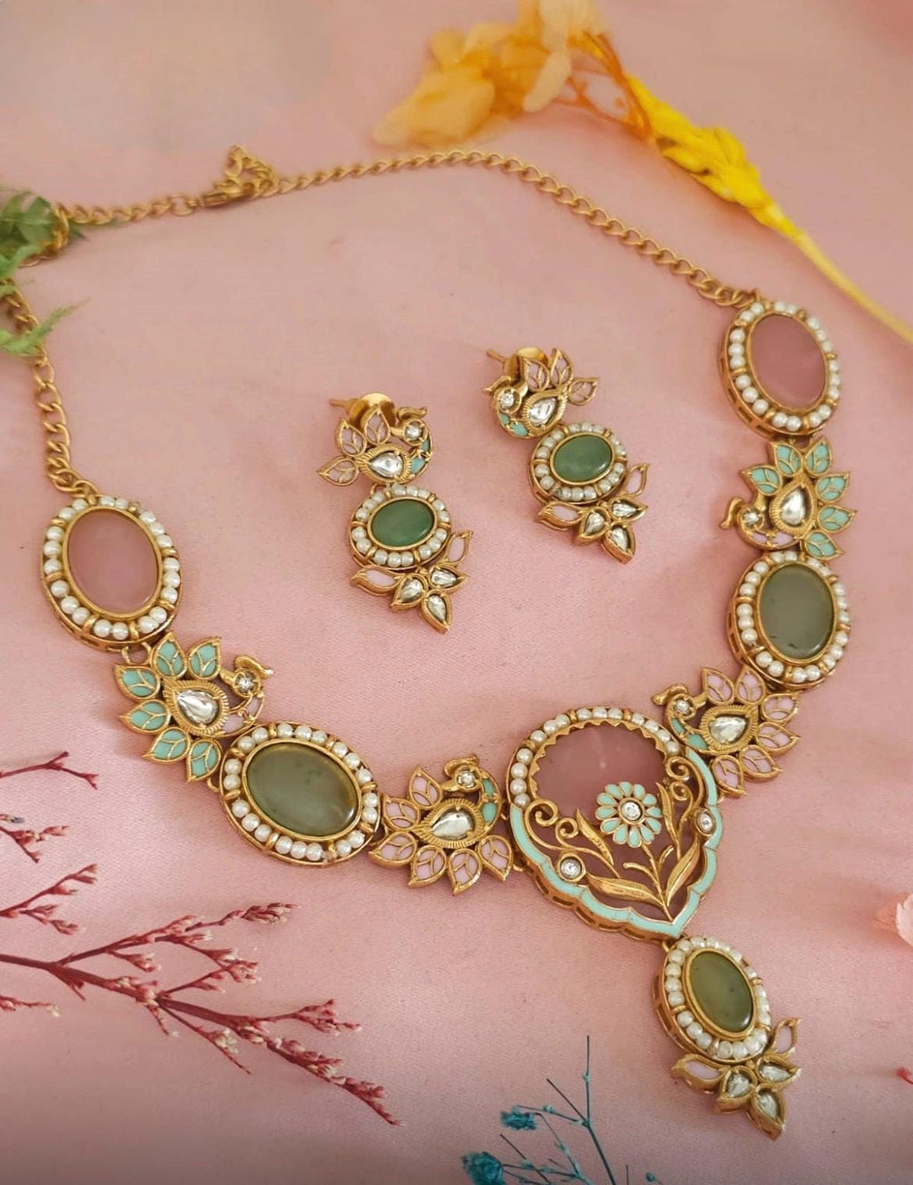 Pastel Kundan Bridal Necklace Set, Mint Pink Floral Indian Wedding Jewelry, Antique Gold Tone