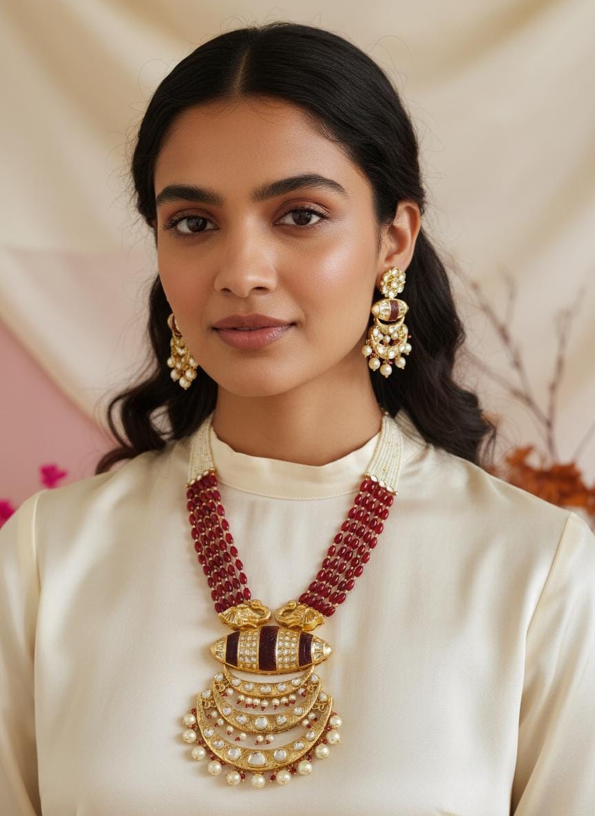 Bridal Kundan Necklace Set, Red Elephant Pendant, Indian Wedding Jewelry, Pearl Drop Rani Haar