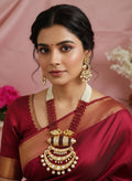 Bridal Kundan Necklace Set, Red Elephant Pendant, Indian Wedding Jewelry, Pearl Drop Rani Haar