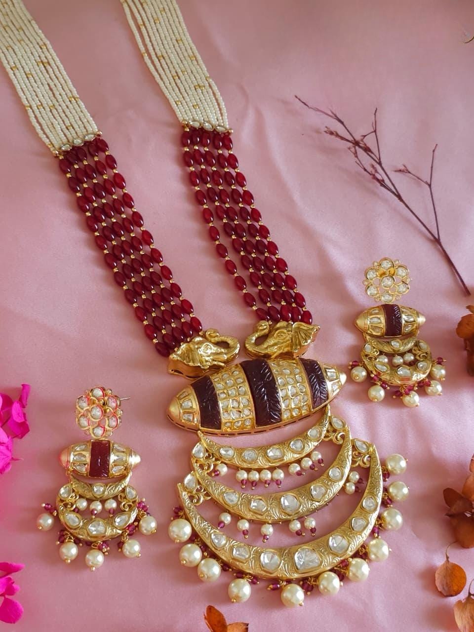 Bridal Kundan Necklace Set, Red Elephant Pendant, Indian Wedding Jewelry, Pearl Drop Rani Haar