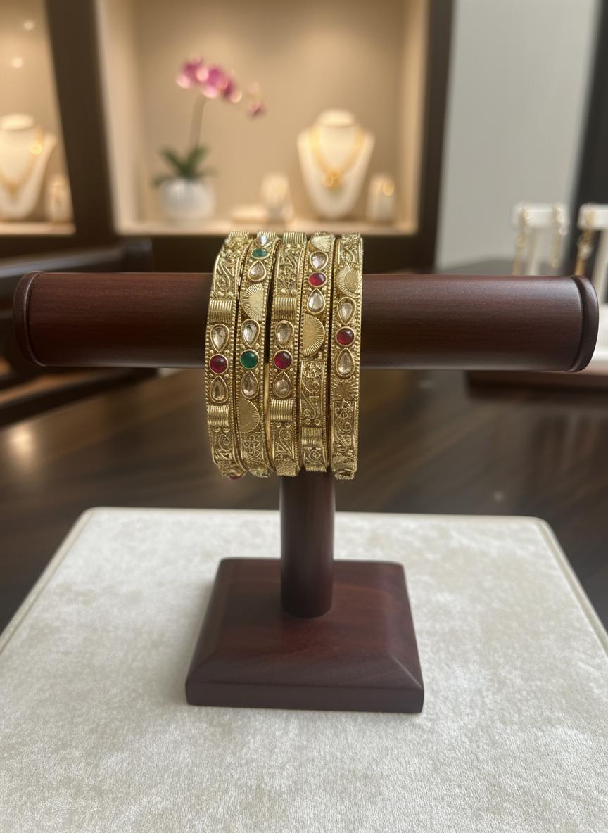 Traditional Indian Kundan Bangles Set | Antique Gold Bridal Kada Ethnic Jewelry | Set of 2 or 4